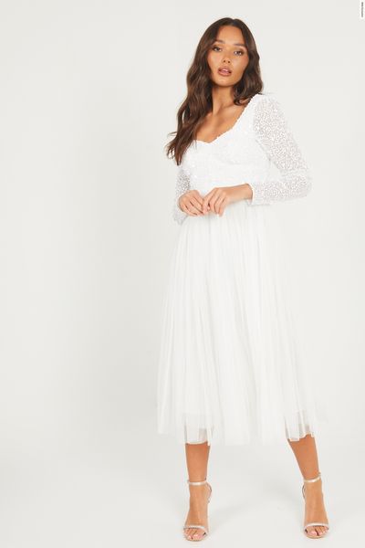 White Embellished Long Sleeve Midi Dress
